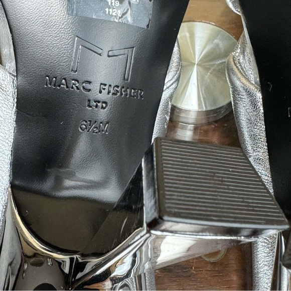 MARC FISHER Silver Knot Dellian Square Toe Slip On Leather Heeled Sandal - Picture 13 of 15